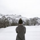 Vista trasera del niño mirando a la vista, Alpes, Braunwald, Suiza - foto de stock