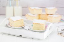 Tranches de gâteau éponge et bouteilles de lait — Photo de stock