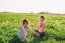 Garçon et fille jouer dans une prairie — Photo de stock