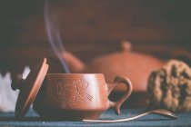 Teekanne aus Ton, eine Tasse Tee und ein Plätzchen — Stockfoto