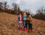 Retrato de tres niños de pie en el paisaje rural - foto de stock