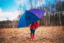 Chica de pie en el paisaje rural sosteniendo un paraguas multicolor - foto de stock