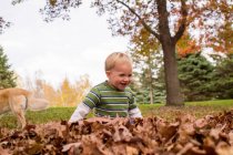Bambino giocare in autunno foglie — Foto stock