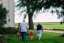 Бабушка и дедушка гуляют с внуком и собакой — стоковое фото