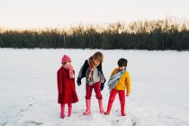 Trois enfants debout dans la neige — Photo de stock