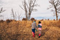 Junge und Mädchen halten Händchen beim Laufen in ländlicher Landschaft — Stockfoto