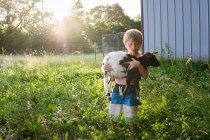Boy carrying adorable goat on nature — Stock Photo