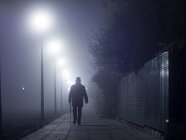 Silhouette of man with a  walking stick walking along foggy street — Foto stock