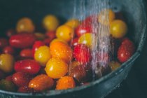 Вишневі помідори в друшляку під проточною водою — стокове фото