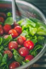 Salade verte aux tomates cerises, vue rapprochée — Photo de stock