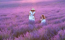 Mutter und Tochter stehen in einem Lavendelfeld, Bulgarien — Stockfoto