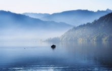 Vista a distanza dell'uomo in barca a remi sul lago Egeri, Zugo, Svizzera — Foto stock