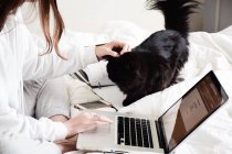 Adolescente sentada en la cama con su perro usando su portátil - foto de stock