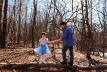 Vater und Tochter stehen auf einem Baumstamm im Wald — Stockfoto