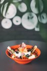 Bowl of gouda, mozzarella and ham salad, closeup view — Stock Photo