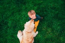 Vue aérienne d'un garçon jouant avec son chien golden retriever — Photo de stock