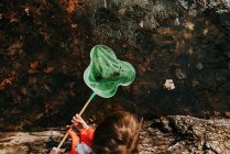 Дівчина біля ставка збирає водяні жучки — стокове фото