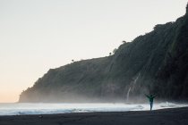 Hombre caminando por la playa de arena negra con los brazos en el aire, waipio Valley, Kakuihaele, Hamakua, Hawaii, America, USA - foto de stock