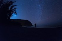 Силуэт человека, стоящего на пляже по ночам, Долина Пио, Куигаэле, Хаммба, Гавайи, Америка, США — стоковое фото