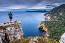 Hombre mirando sobre la costa de Three Capes Track, Mount Fortescue, Tasmania, Australia - foto de stock