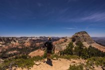 Rückansicht des Wanderers, der im Nordtor des Zion Nationalparks steht, utah, america, usa — Stockfoto