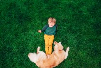 Overhead view of a boy lying on grass playing with his golden retriever dog — Stock Photo