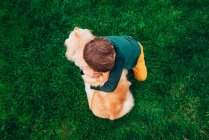 Vista aérea de un niño abrazando a su perro recuperador de oro - foto de stock