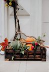 Scatola di legno rustico pieno di zucche — Foto stock