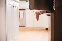 Chica joven subiendo a un refrigerador - foto de stock