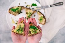 Woman hands holding avocado and brie toast — Stock Photo