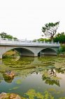 Reflection of a Chinese Stone bridge on pond river,  in public garden — Stock Photo