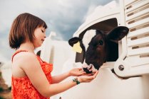 Giovane ragazza abbracciando mucca bambino — Foto stock