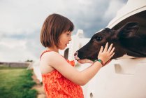 Giovane ragazza abbracciando mucca bambino — Foto stock