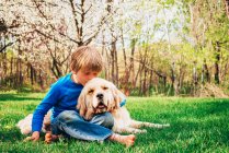 Мальчик играет с золотой собакой-ретривером в траве — стоковое фото