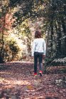 Rückansicht eines Jungen, der im Wald spazieren geht — Stockfoto