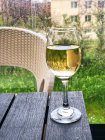 Склянка білого вина на дерев'яному столі — стокове фото
