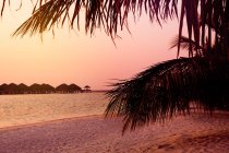 Silueta de logias de agua en el agua, Maldivas rosa puesta de sol - foto de stock