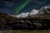 Vue panoramique sur les aurores boréales sur les montagnes, Lofoten, Nordland, Norvège — Photo de stock
