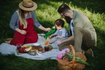 Família com um filho fazendo um piquenique — Fotografia de Stock
