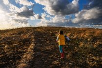 Вид мальчика на осеннее поле под облачным небом — стоковое фото