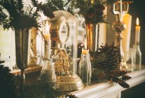 Mantelpiece with Christmas decor. Vintage toned shoot — Stock Photo