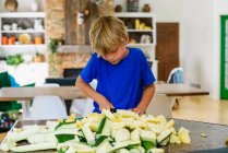 Хлопчик стоїть на кухні рубає кабачок — стокове фото