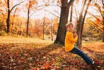 Niño jugando en el patio trasero columpio de madera - foto de stock