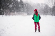 Niño de pie en la nieve con su bufanda soplando en su cara - foto de stock