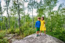 Ragazzo e ragazza in piedi su una roccia nella foresta — Foto stock