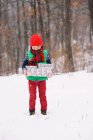 Menino de pé na neve carregando presentes de Natal no dia de inverno — Fotografia de Stock