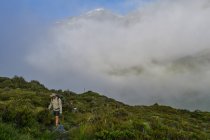 Caminhadas de homens no Upper Rees Valley, Mt Aspiring National Park, South Island, Nova Zelândia — Fotografia de Stock