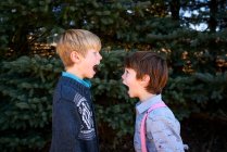 Два мальчика стоят напротив друг друга с открытыми ртами — стоковое фото