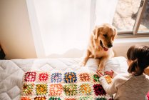 Jovem brincando com o cão em uma cama — Fotografia de Stock