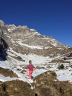 Girl hiking in mountains, Braunwald, Switzerland, — Stock Photo